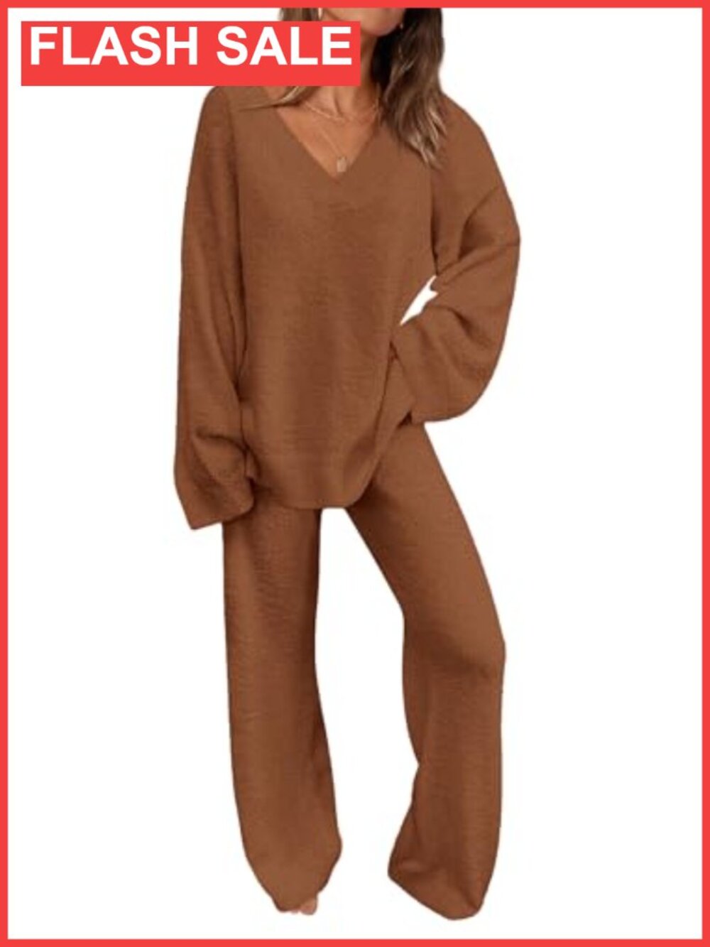 Fuzzy Sweater Lounge Set V-Neck Pullover Wide Leg Pants 2pc